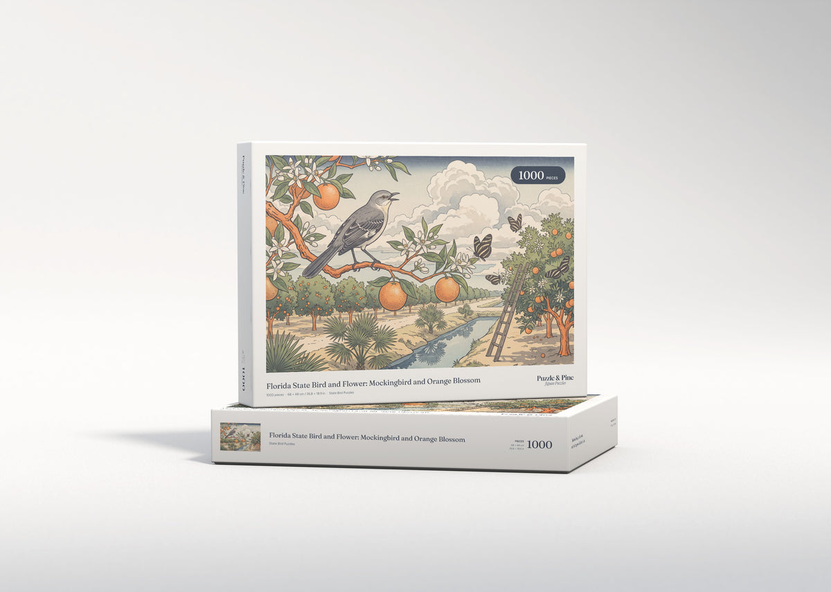 Florida State Bird and Flower: Mockingbird and Orange Blossom jigsaw puzzle - gift box