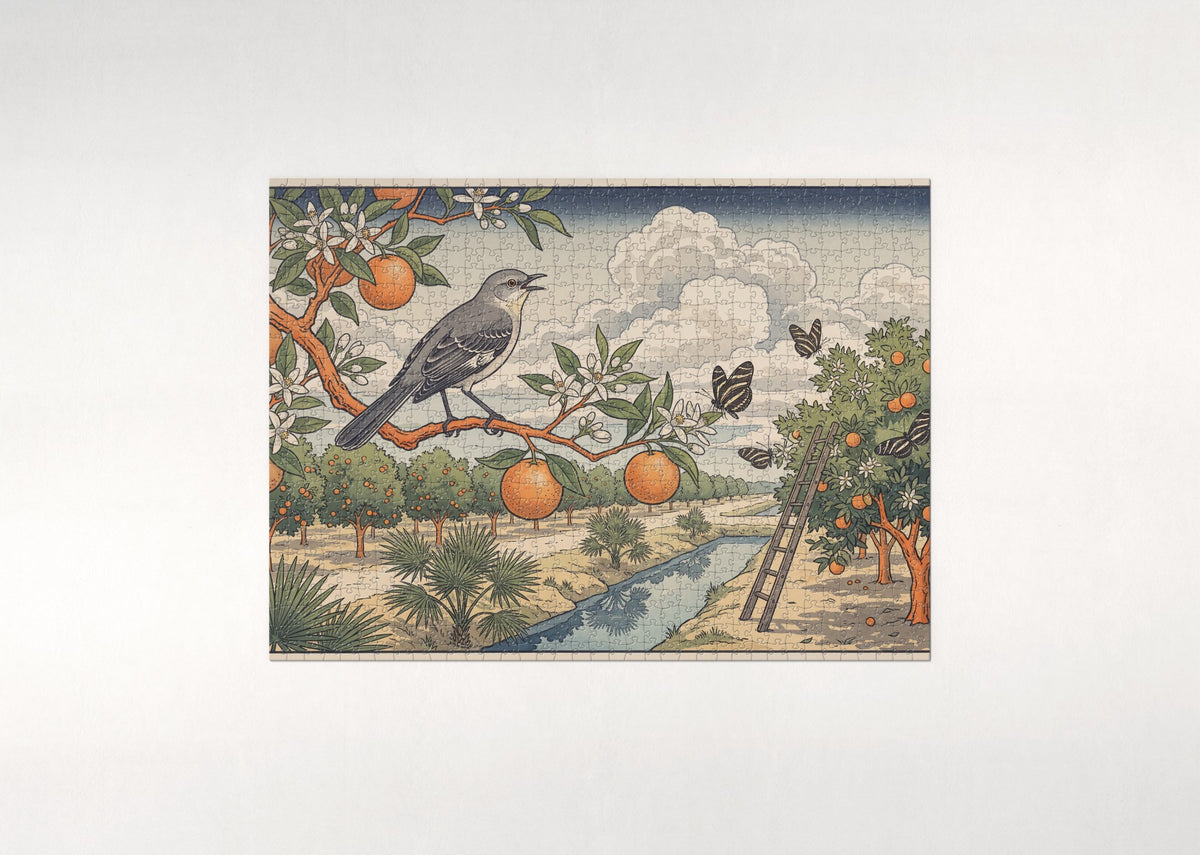 Florida State Bird and Flower: Mockingbird and Orange Blossom jigsaw puzzle - flat puzzle