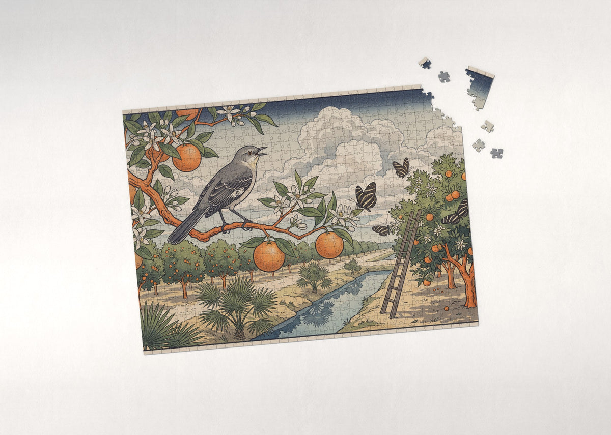 Florida State Bird and Flower: Mockingbird and Orange Blossom jigsaw puzzle - puzzle with loose pieces