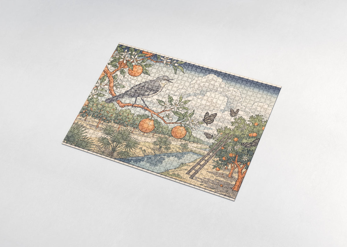 Florida State Bird and Flower: Mockingbird and Orange Blossom jigsaw puzzle - assembled puzzle