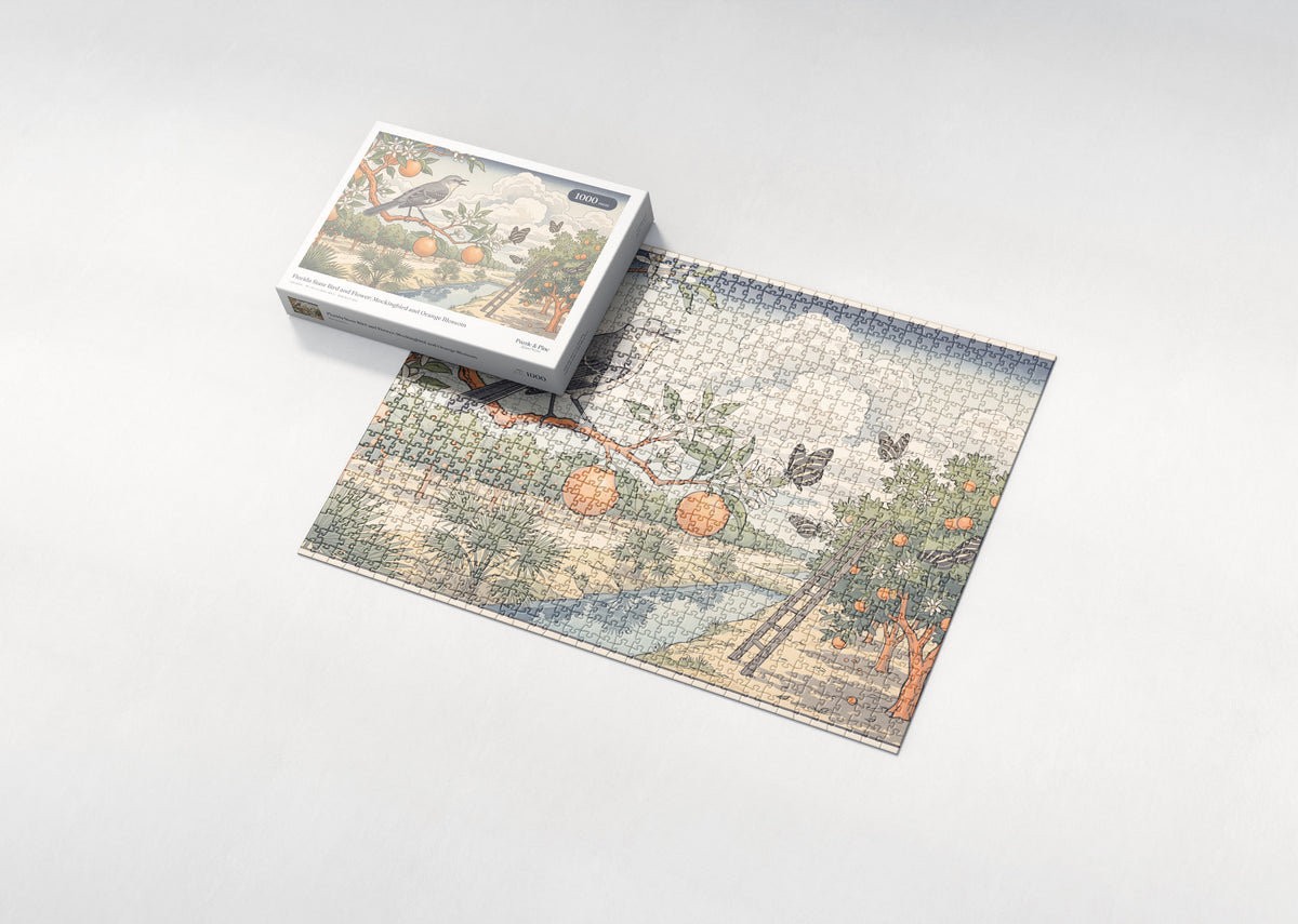 Florida State Bird and Flower: Mockingbird and Orange Blossom jigsaw puzzle - box and puzzle