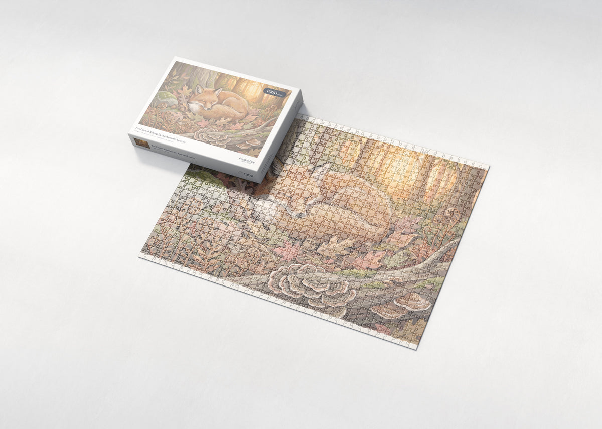 Fox Curled Asleep in the Autumn Leaves jigsaw puzzle - box and puzzle