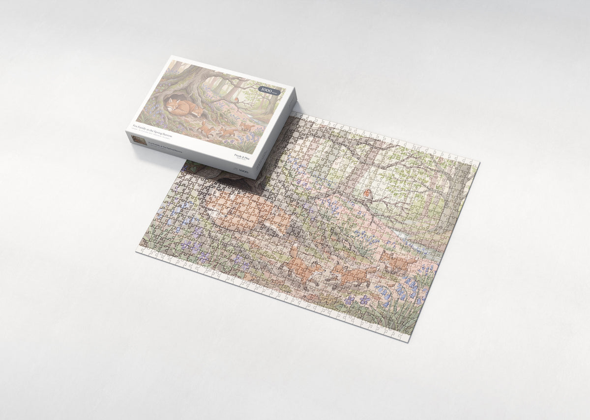 Fox Family at the Spring Burrow jigsaw puzzle - box and puzzle
