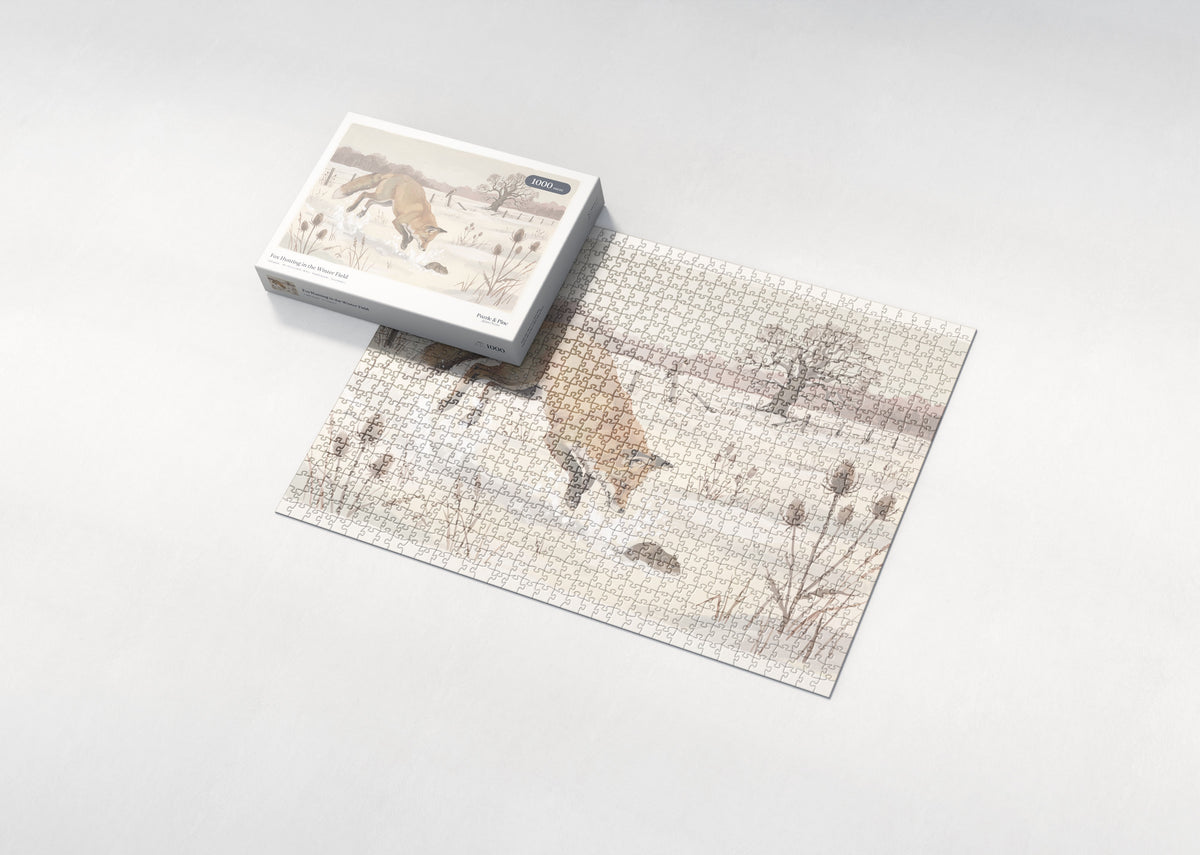 Fox Hunting in the Winter Field jigsaw puzzle - box and puzzle