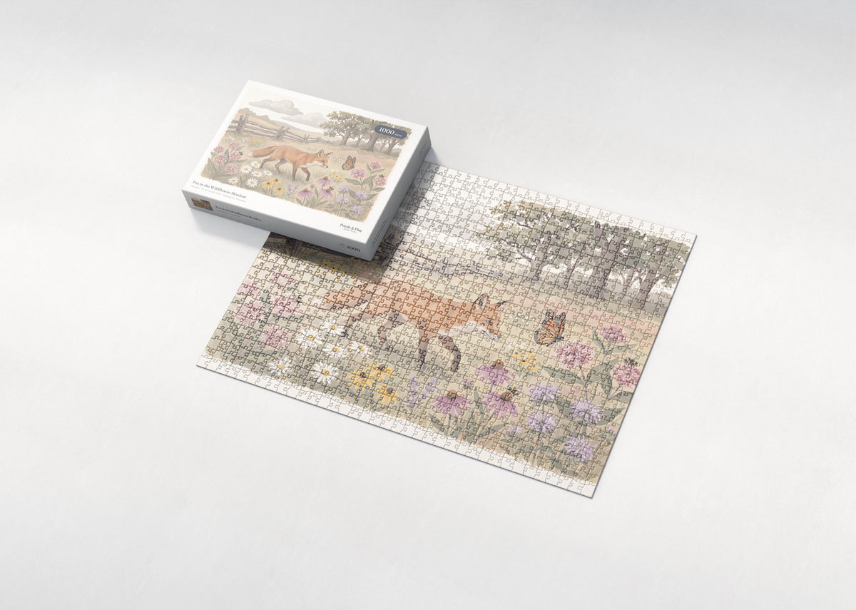 Fox in the Wildflower Meadow jigsaw puzzle - box and puzzle