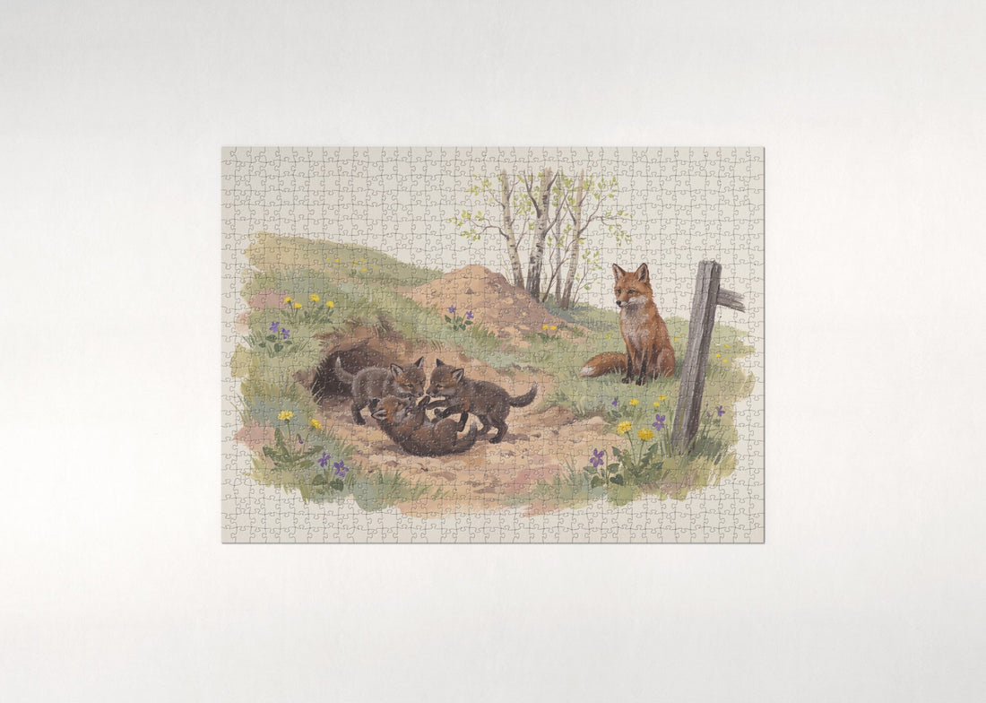 Fox Kits Playing at the Den jigsaw puzzle - gift box