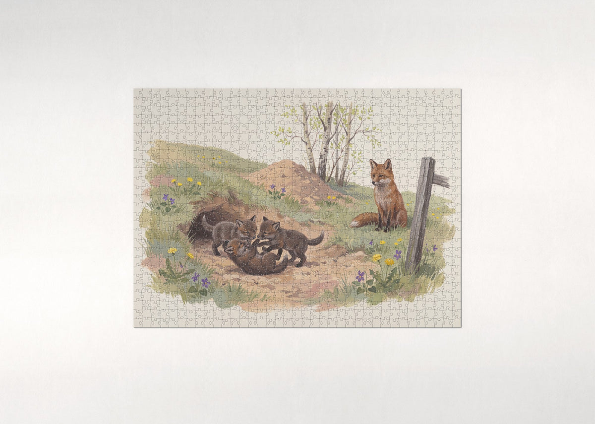 Fox Kits Playing at the Den jigsaw puzzle - flat puzzle