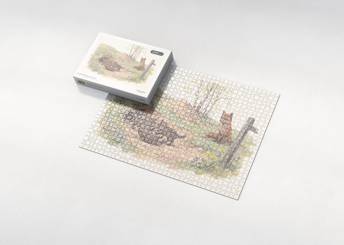 Fox Kits Playing at the Den jigsaw puzzle - box and puzzle