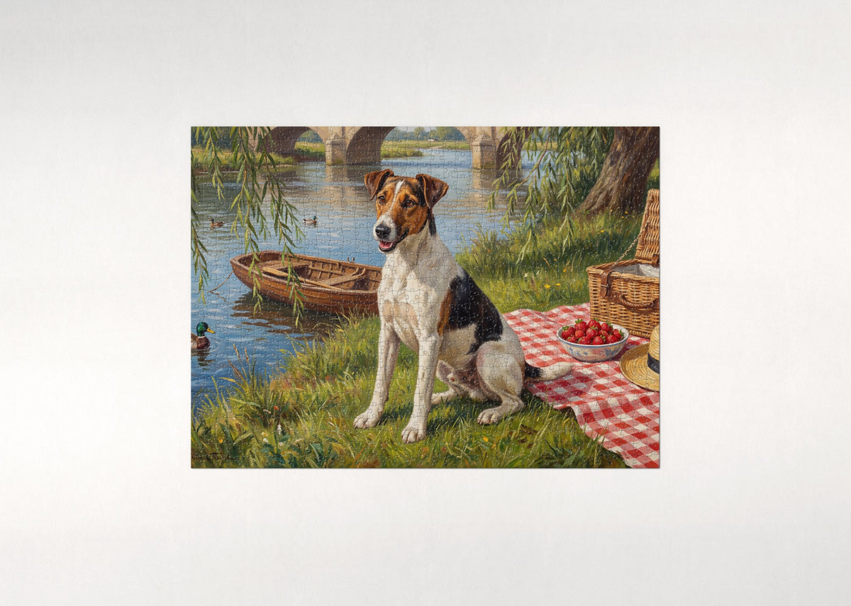 Fox Terrier at the Riverbank Picnic jigsaw puzzle - flat puzzle
