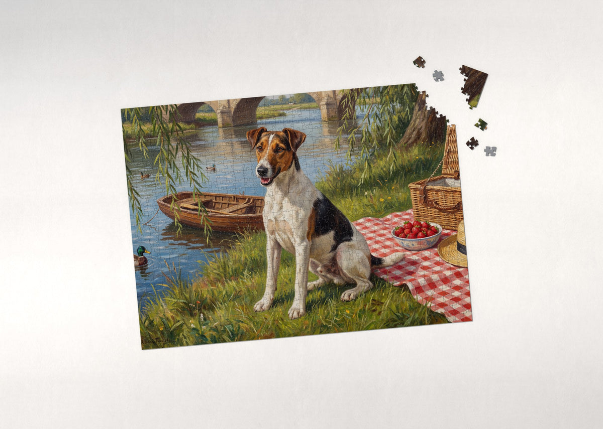 Fox Terrier at the Riverbank Picnic jigsaw puzzle - puzzle with loose pieces