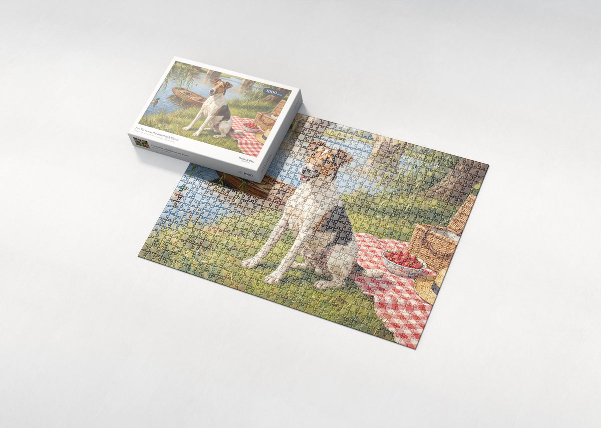 Fox Terrier at the Riverbank Picnic jigsaw puzzle - box and puzzle