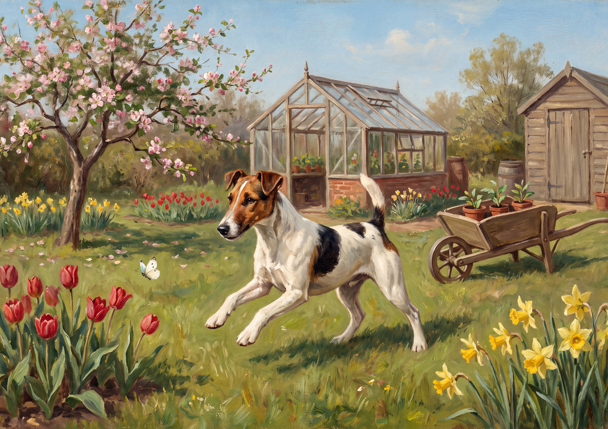 Fox Terrier Chasing Through the Spring Garden jigsaw puzzle