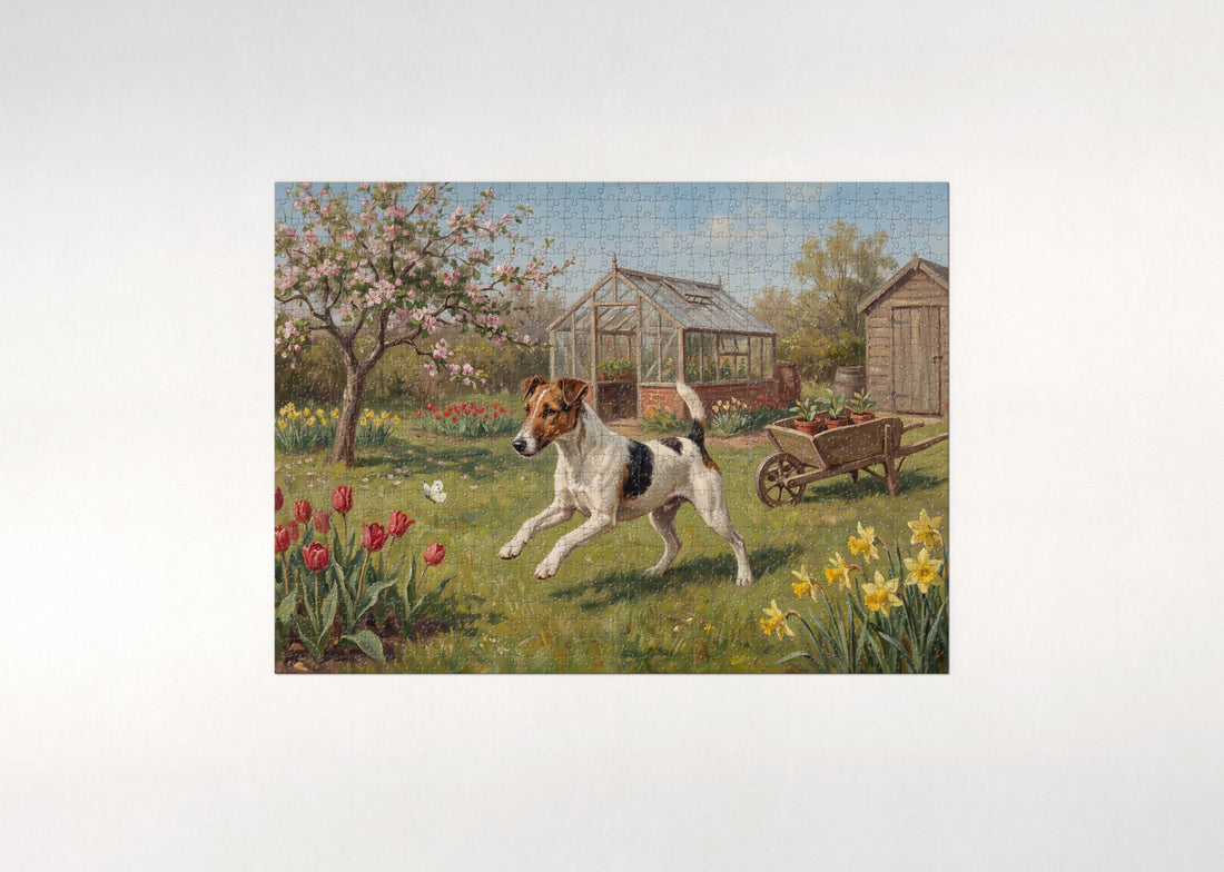 Fox Terrier Chasing Through the Spring Garden jigsaw puzzle - gift box