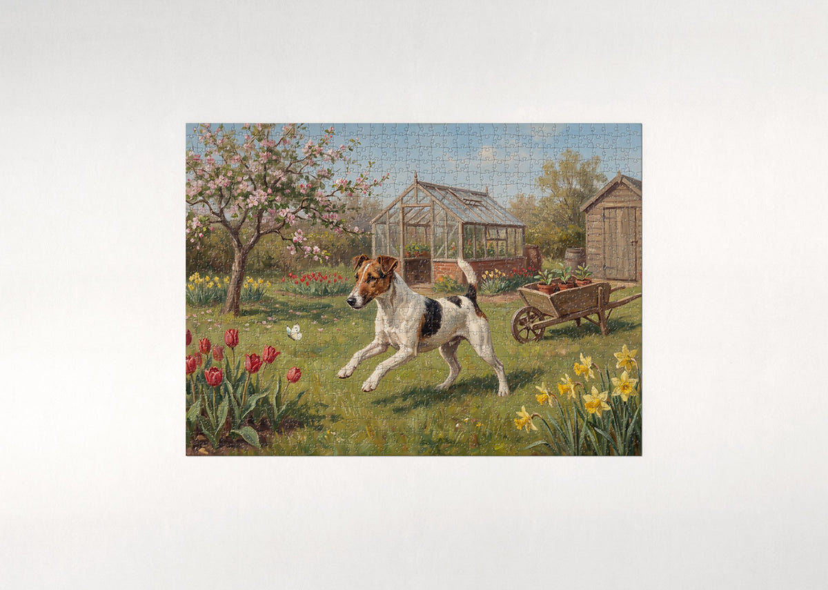 Fox Terrier Chasing Through the Spring Garden jigsaw puzzle - flat puzzle