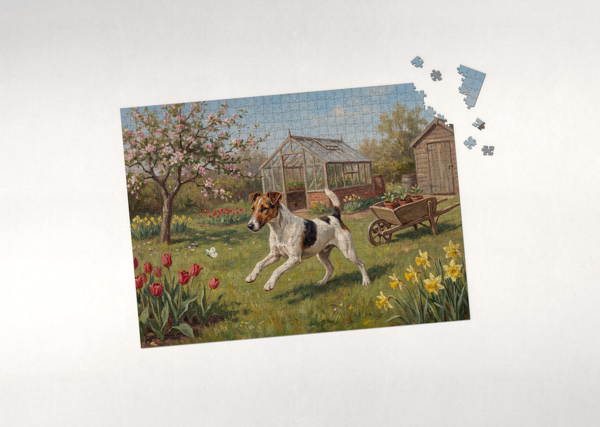 Fox Terrier Chasing Through the Spring Garden jigsaw puzzle - puzzle with loose pieces