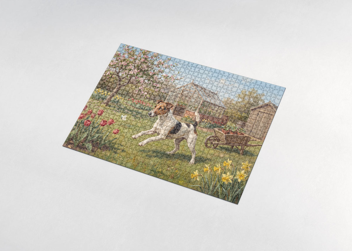 Fox Terrier Chasing Through the Spring Garden jigsaw puzzle - assembled puzzle
