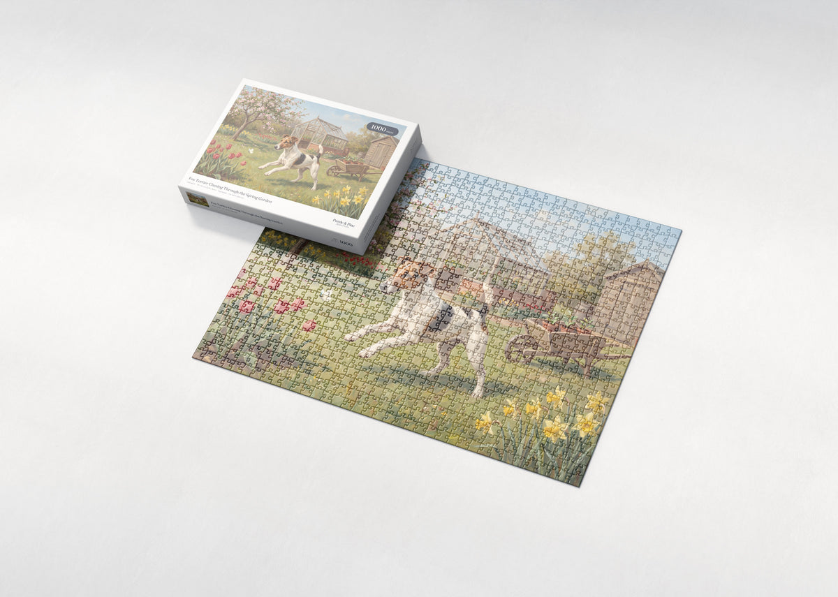 Fox Terrier Chasing Through the Spring Garden jigsaw puzzle - box and puzzle