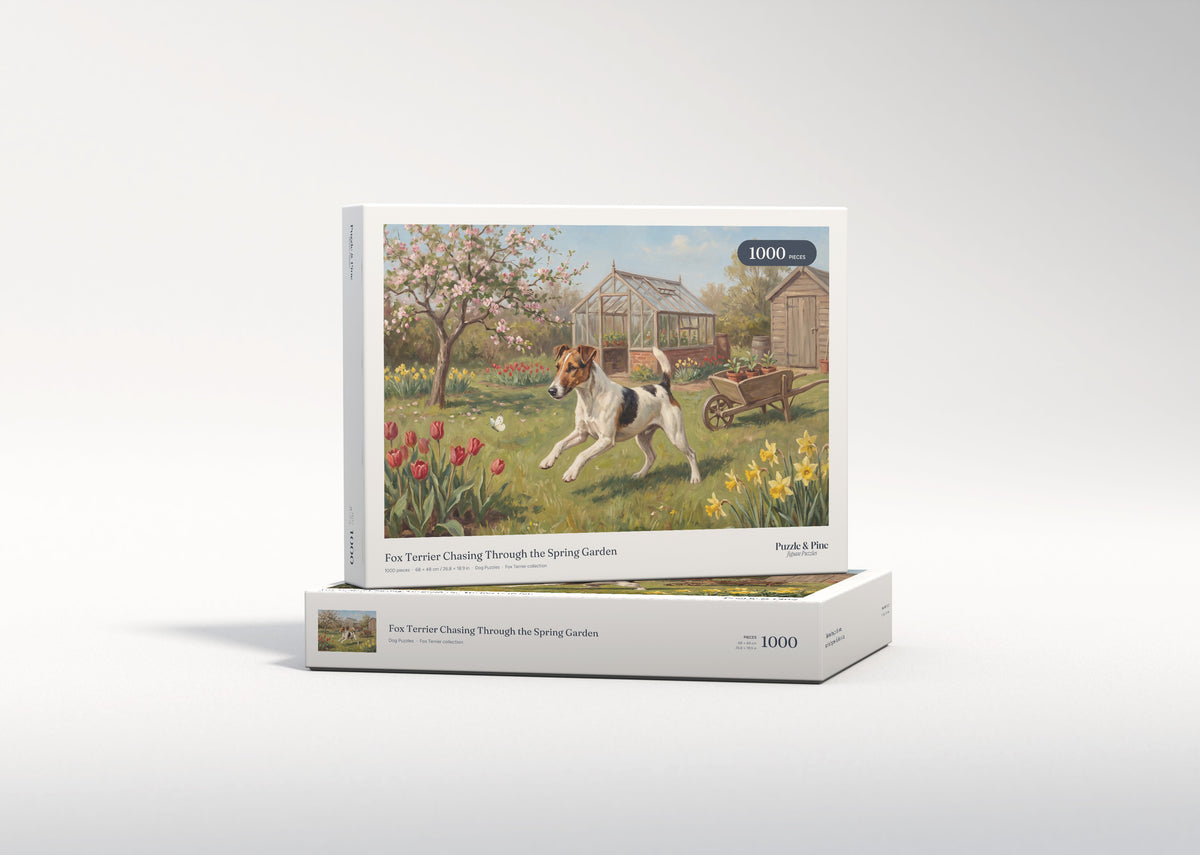 Fox Terrier Chasing Through the Spring Garden jigsaw puzzle - gift box