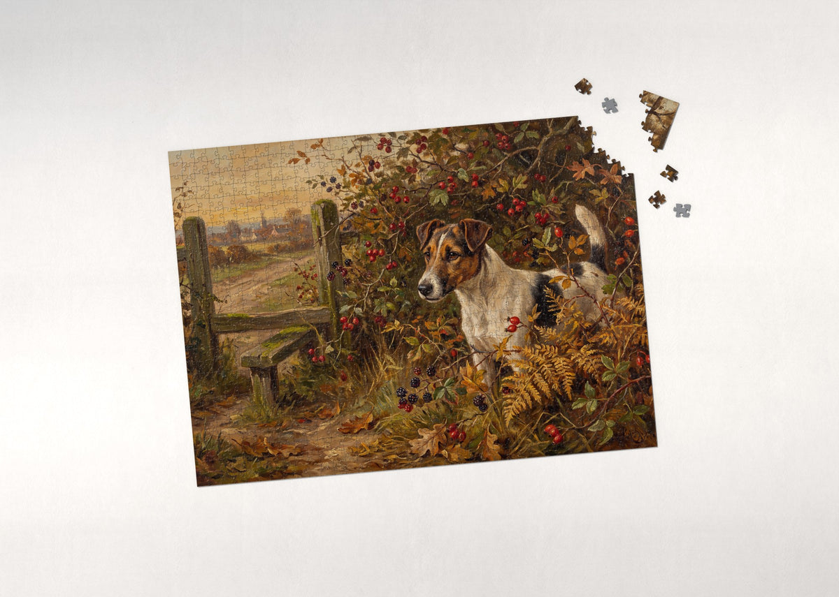 Fox Terrier in the Autumn Hedgerow jigsaw puzzle - puzzle with loose pieces