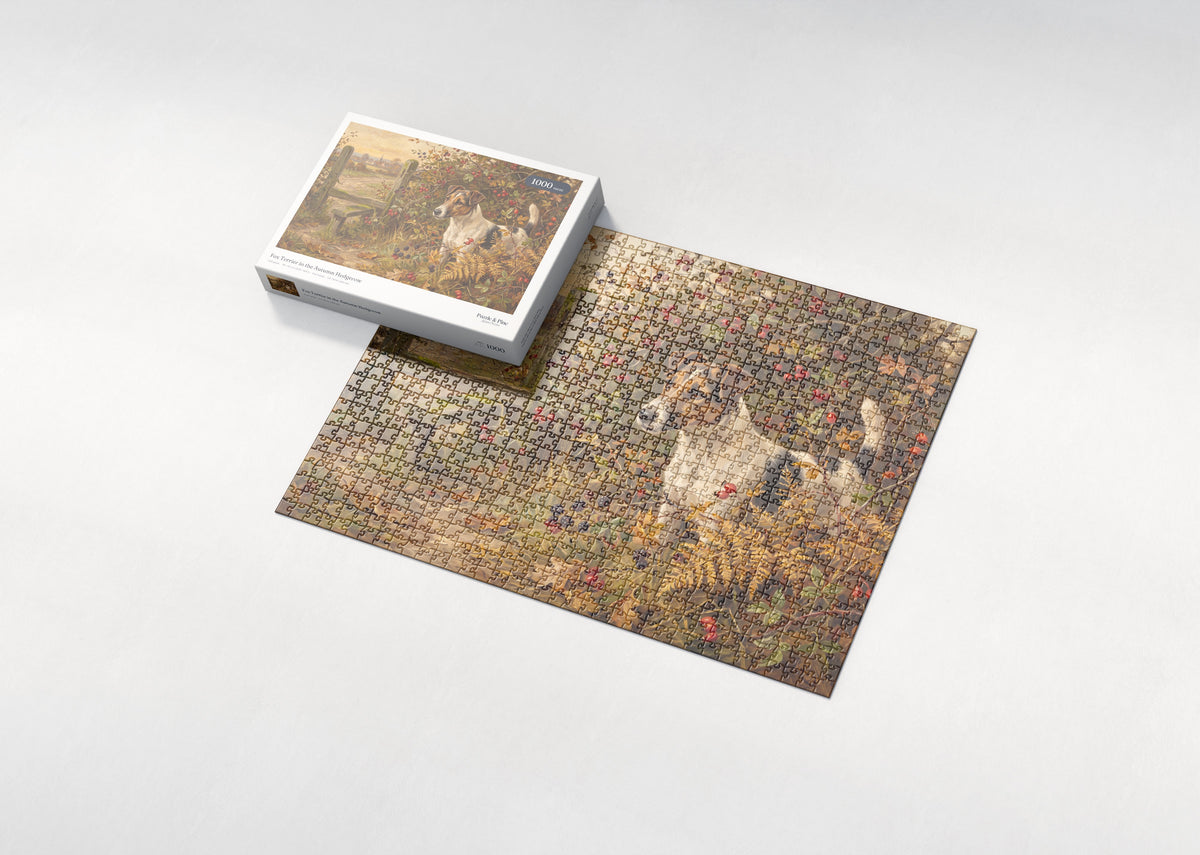 Fox Terrier in the Autumn Hedgerow jigsaw puzzle - box and puzzle
