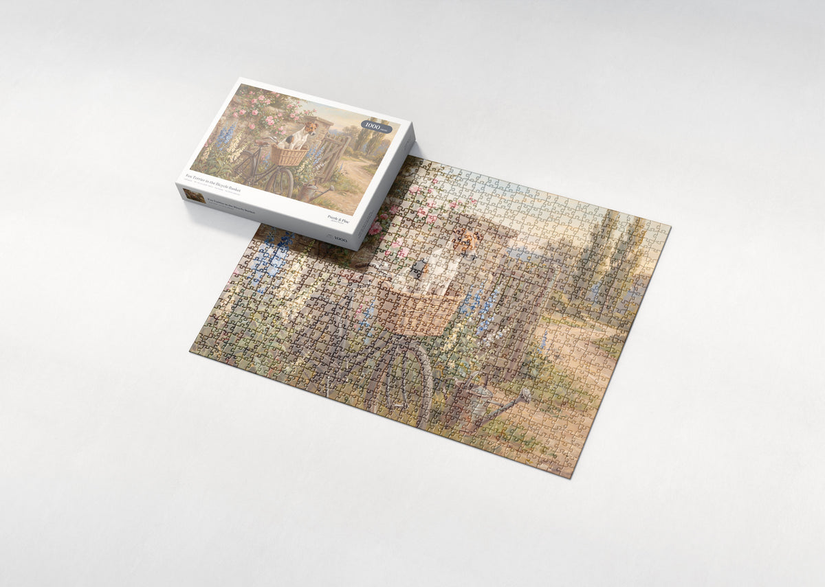 Fox Terrier in the Bicycle Basket jigsaw puzzle - box and puzzle