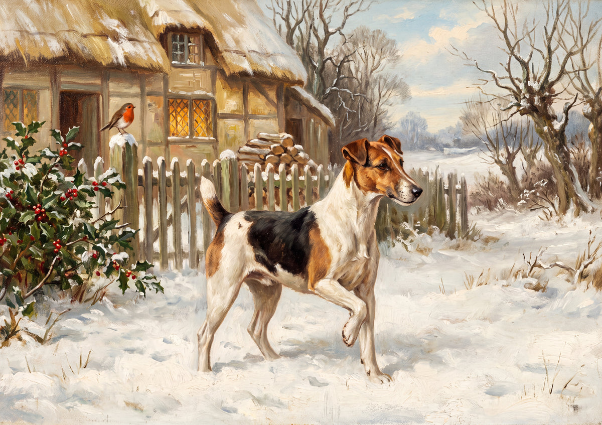 Fox Terrier in the Snowy Cottage Yard jigsaw puzzle