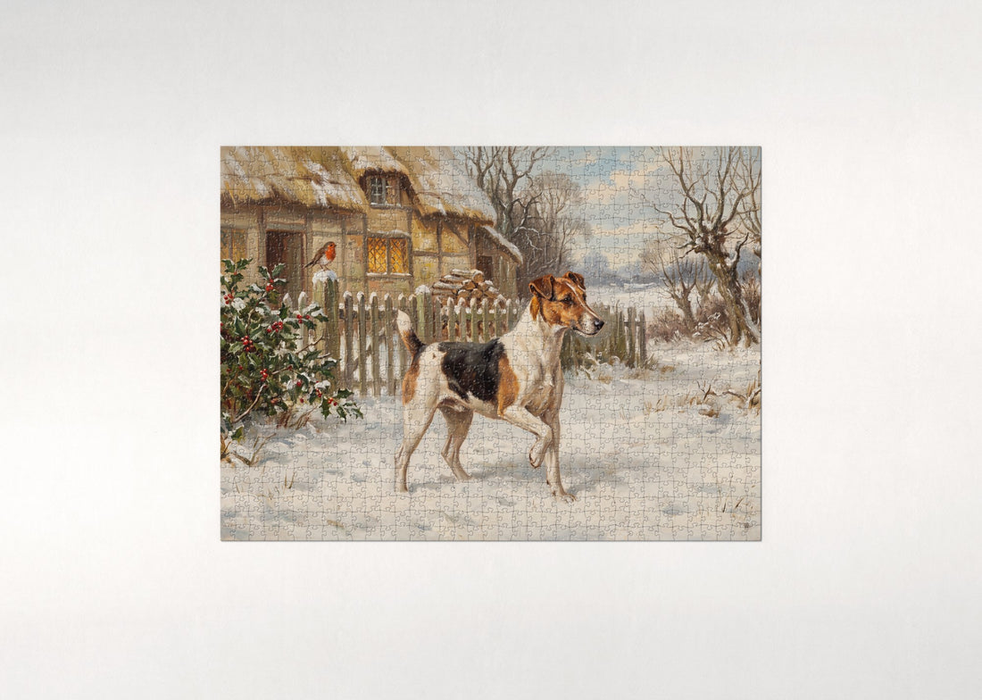 Fox Terrier in the Snowy Cottage Yard jigsaw puzzle - gift box