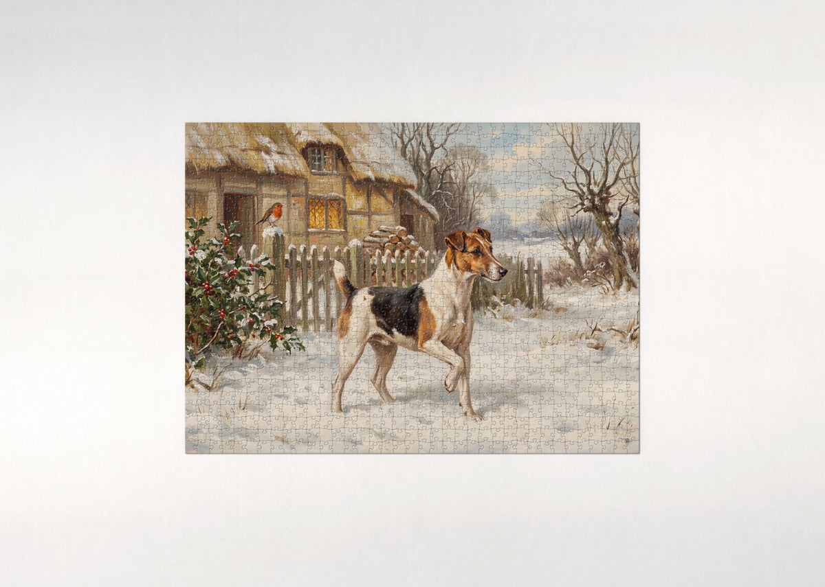Fox Terrier in the Snowy Cottage Yard jigsaw puzzle - flat puzzle