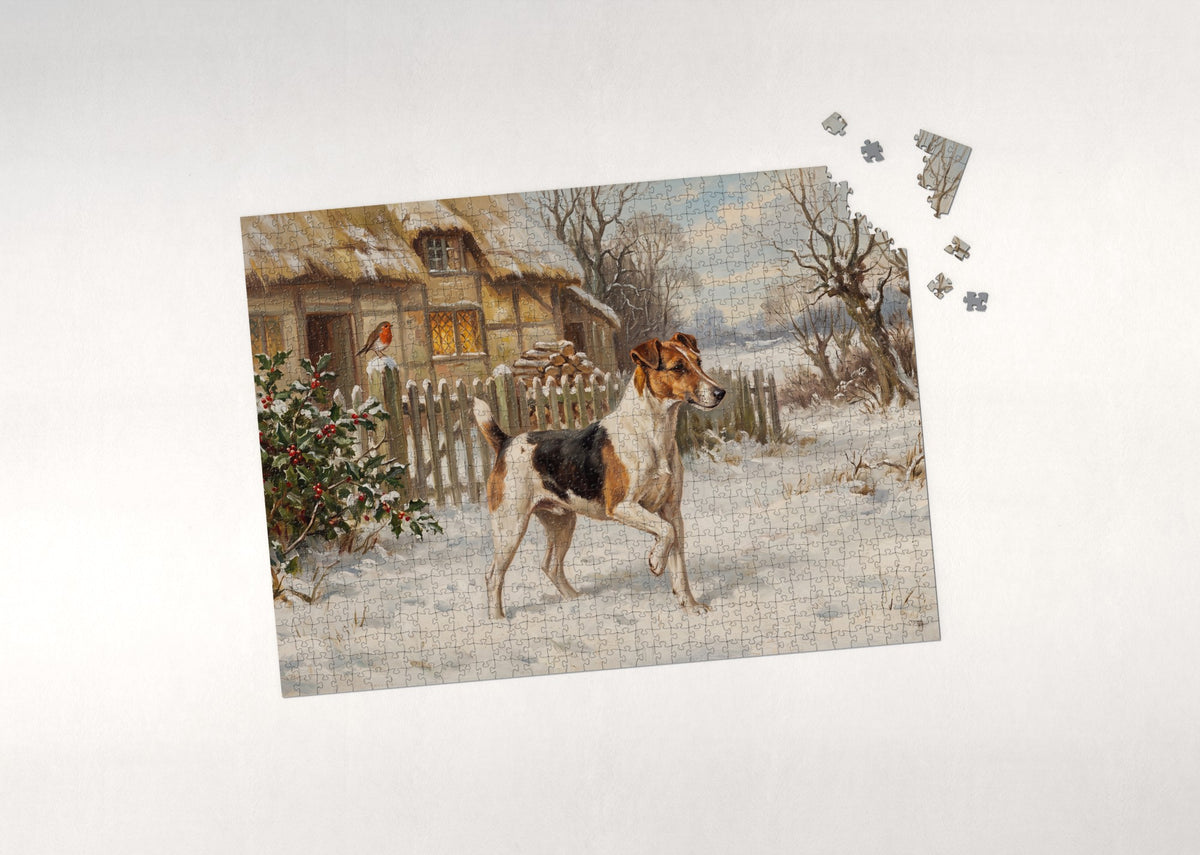 Fox Terrier in the Snowy Cottage Yard jigsaw puzzle - puzzle with loose pieces
