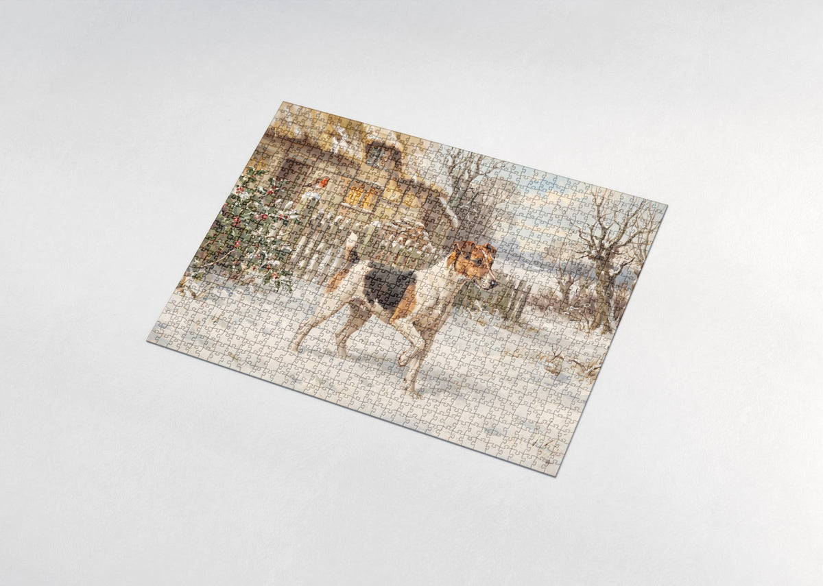 Fox Terrier in the Snowy Cottage Yard jigsaw puzzle - assembled puzzle
