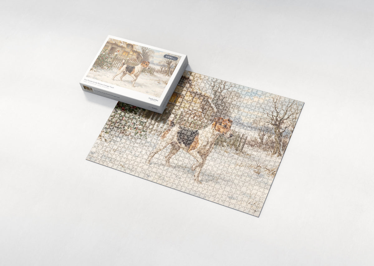 Fox Terrier in the Snowy Cottage Yard jigsaw puzzle - box and puzzle