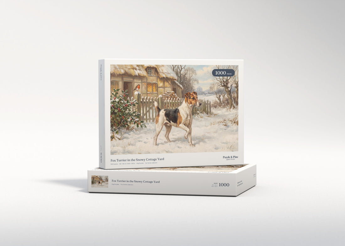 Fox Terrier in the Snowy Cottage Yard jigsaw puzzle - gift box