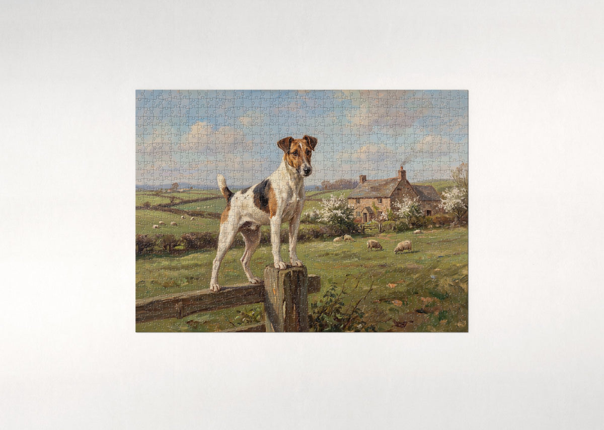 Fox Terrier on the Countryside Fence Post jigsaw puzzle - flat puzzle