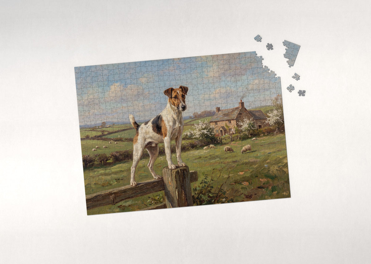 Fox Terrier on the Countryside Fence Post jigsaw puzzle - puzzle with loose pieces
