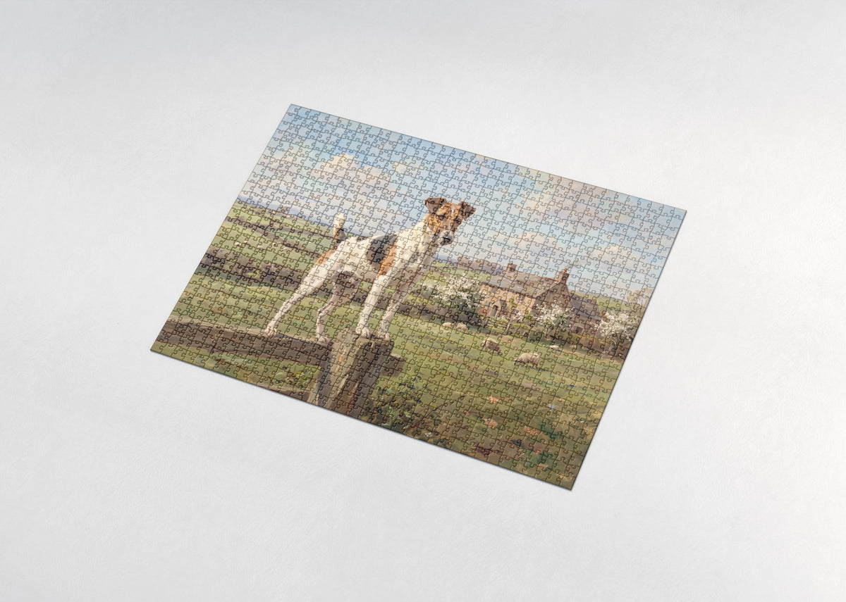 Fox Terrier on the Countryside Fence Post jigsaw puzzle - assembled puzzle