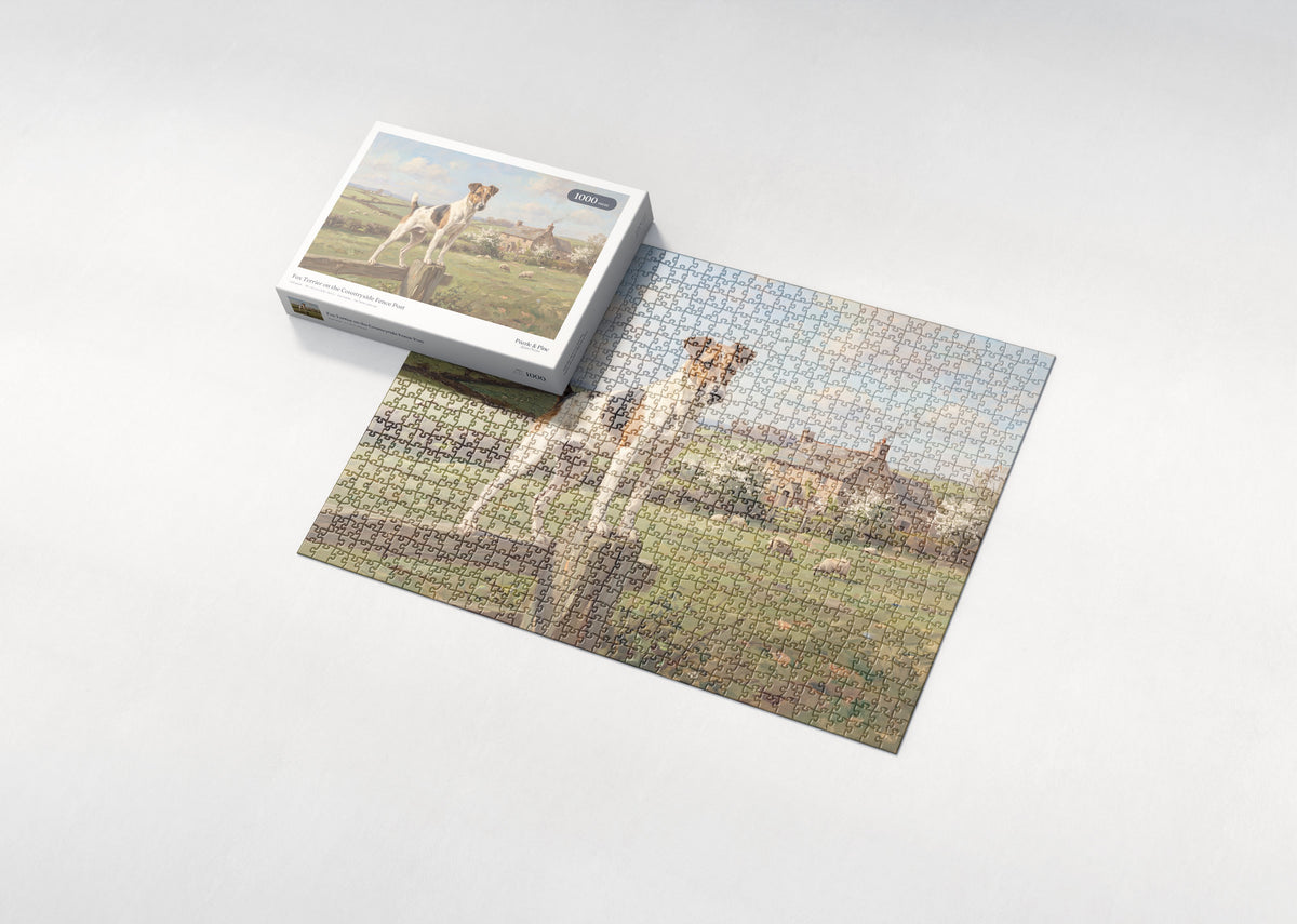 Fox Terrier on the Countryside Fence Post jigsaw puzzle - box and puzzle