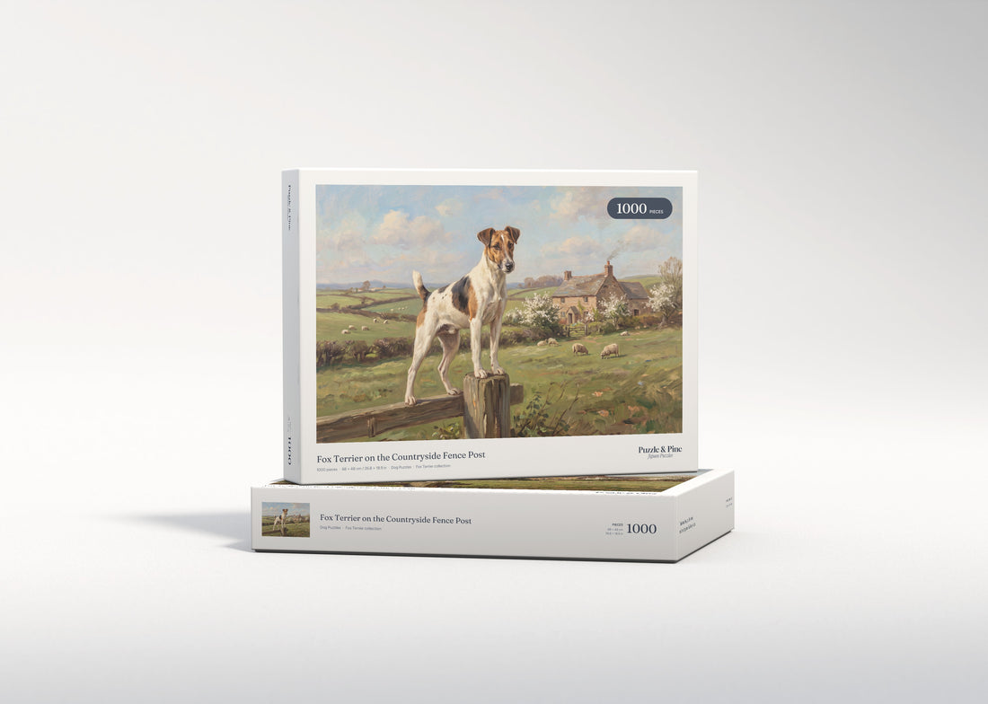 Fox Terrier on the Countryside Fence Post jigsaw puzzle - gift box