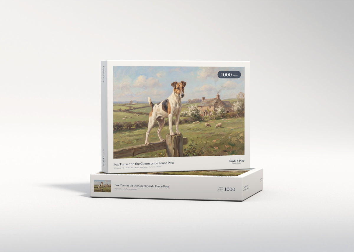 Fox Terrier on the Countryside Fence Post jigsaw puzzle - gift box