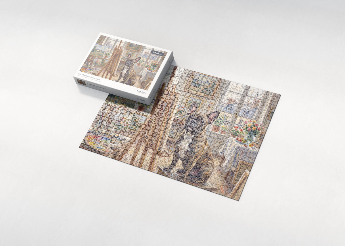 French Bulldog in the Art Studio jigsaw puzzle - box and puzzle