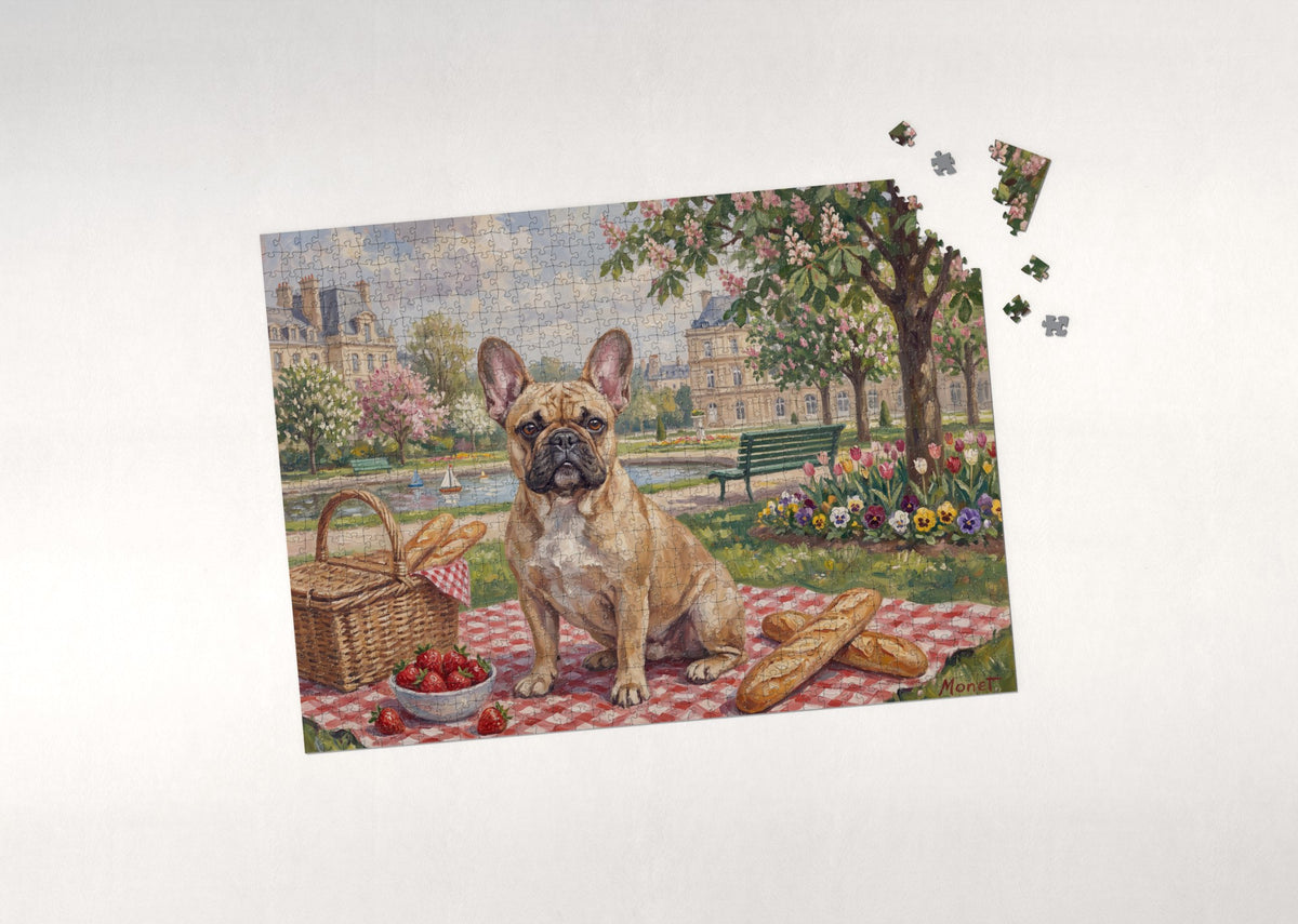 French Bulldog on the City Park Picnic Blanket jigsaw puzzle - puzzle with loose pieces