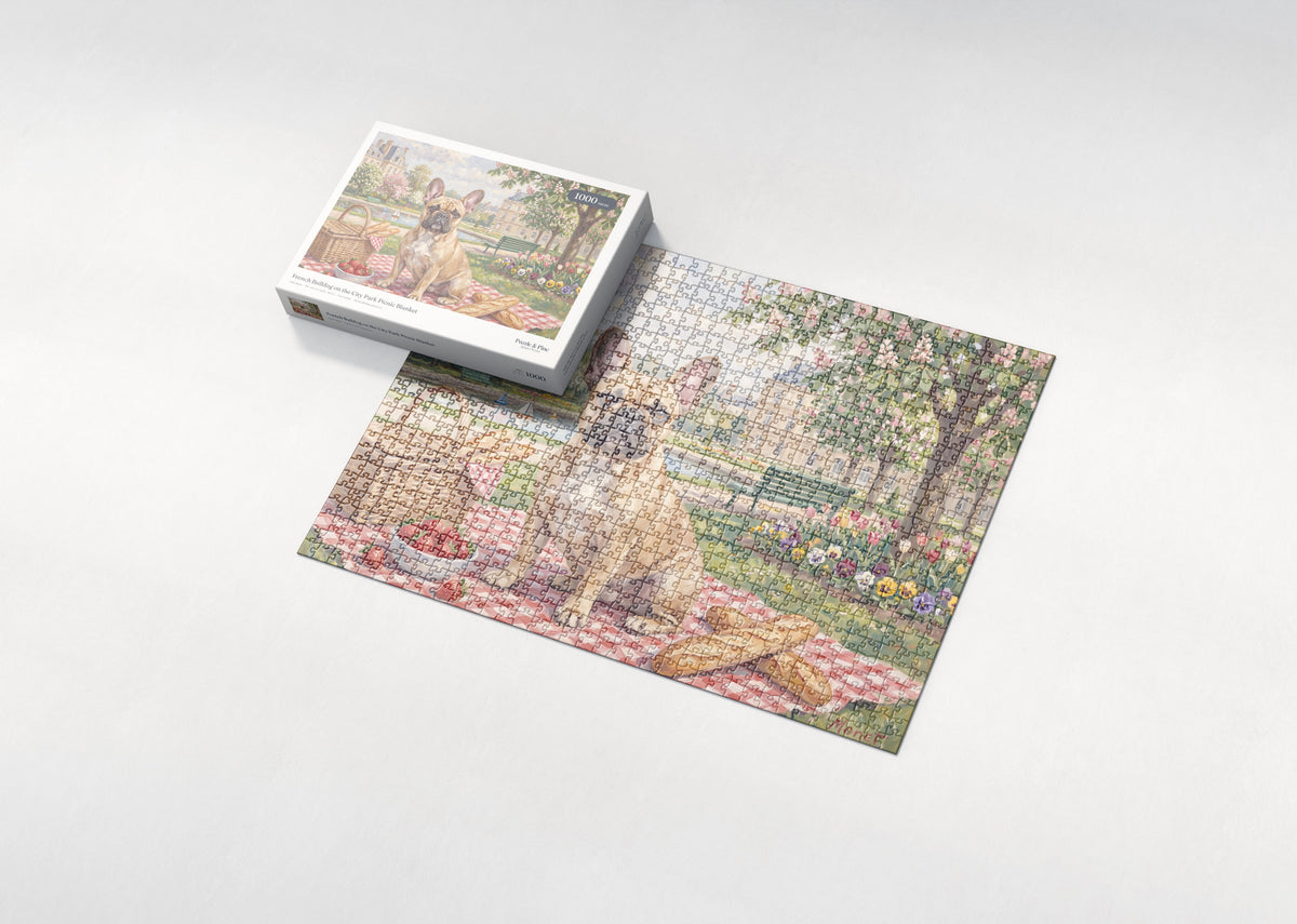 French Bulldog on the City Park Picnic Blanket jigsaw puzzle - box and puzzle