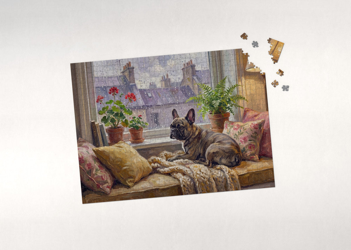 French Bulldog on the Rainy Day Window Seat jigsaw puzzle - puzzle with loose pieces