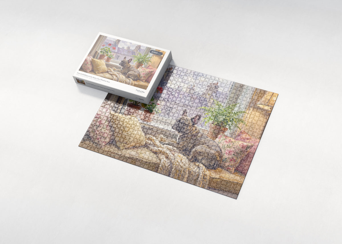 French Bulldog on the Rainy Day Window Seat jigsaw puzzle - box and puzzle