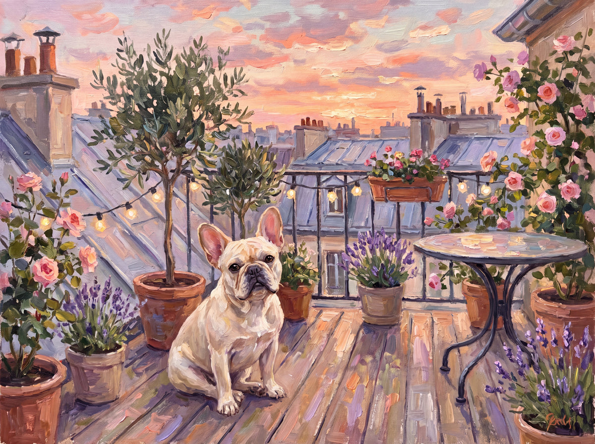 French Bulldog on the Rooftop Garden at Sunset jigsaw puzzle