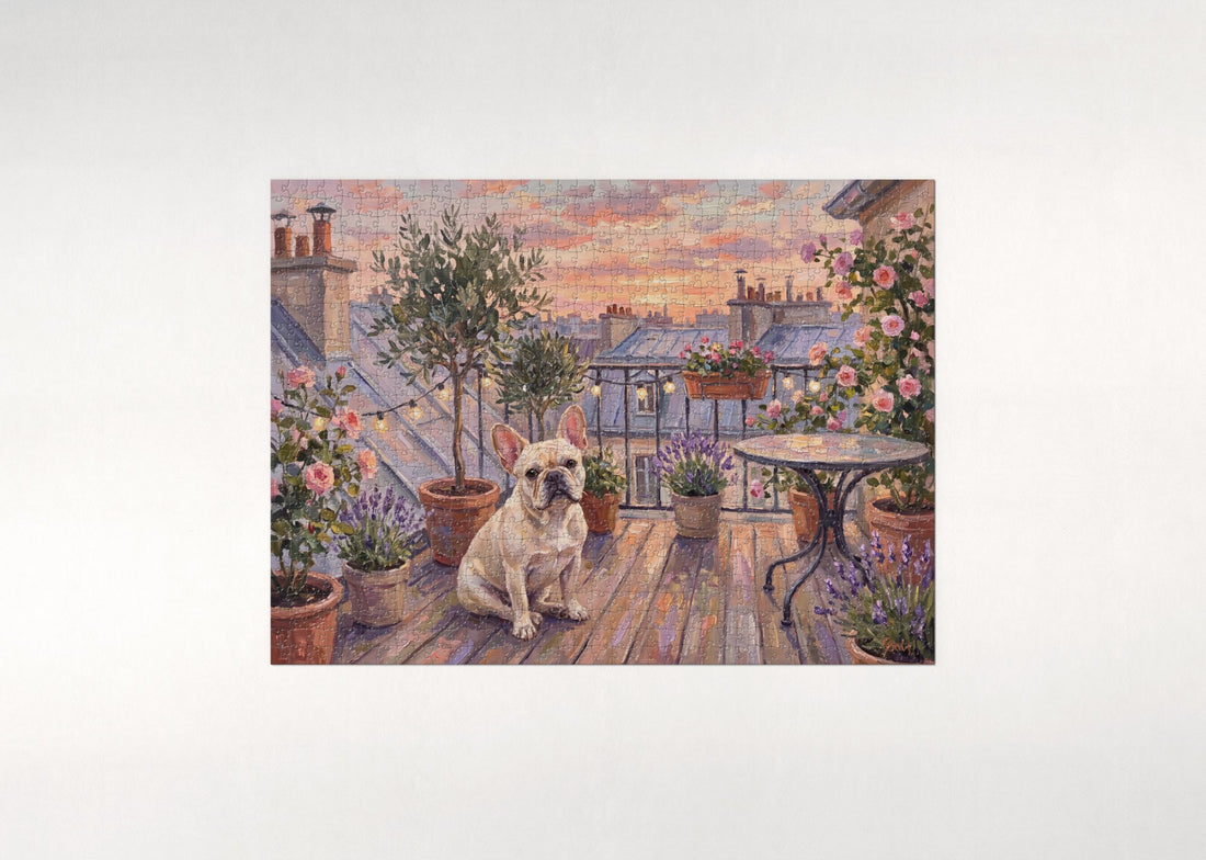French Bulldog on the Rooftop Garden at Sunset jigsaw puzzle - gift box