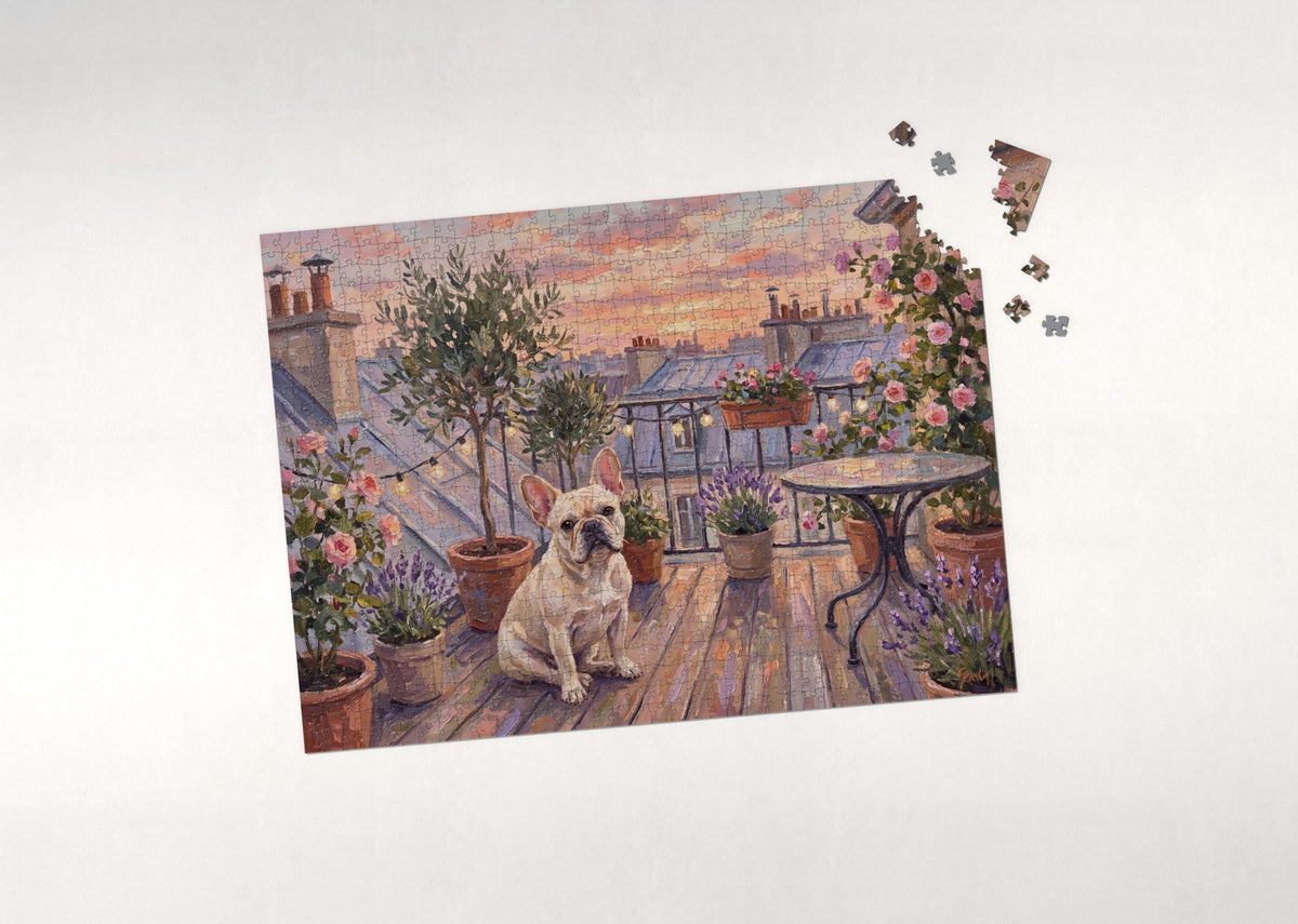 French Bulldog on the Rooftop Garden at Sunset jigsaw puzzle - puzzle with loose pieces