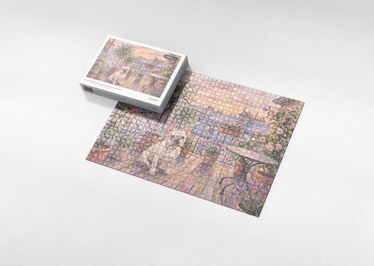 French Bulldog on the Rooftop Garden at Sunset jigsaw puzzle - box and puzzle