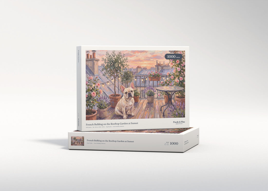French Bulldog on the Rooftop Garden at Sunset jigsaw puzzle - gift box