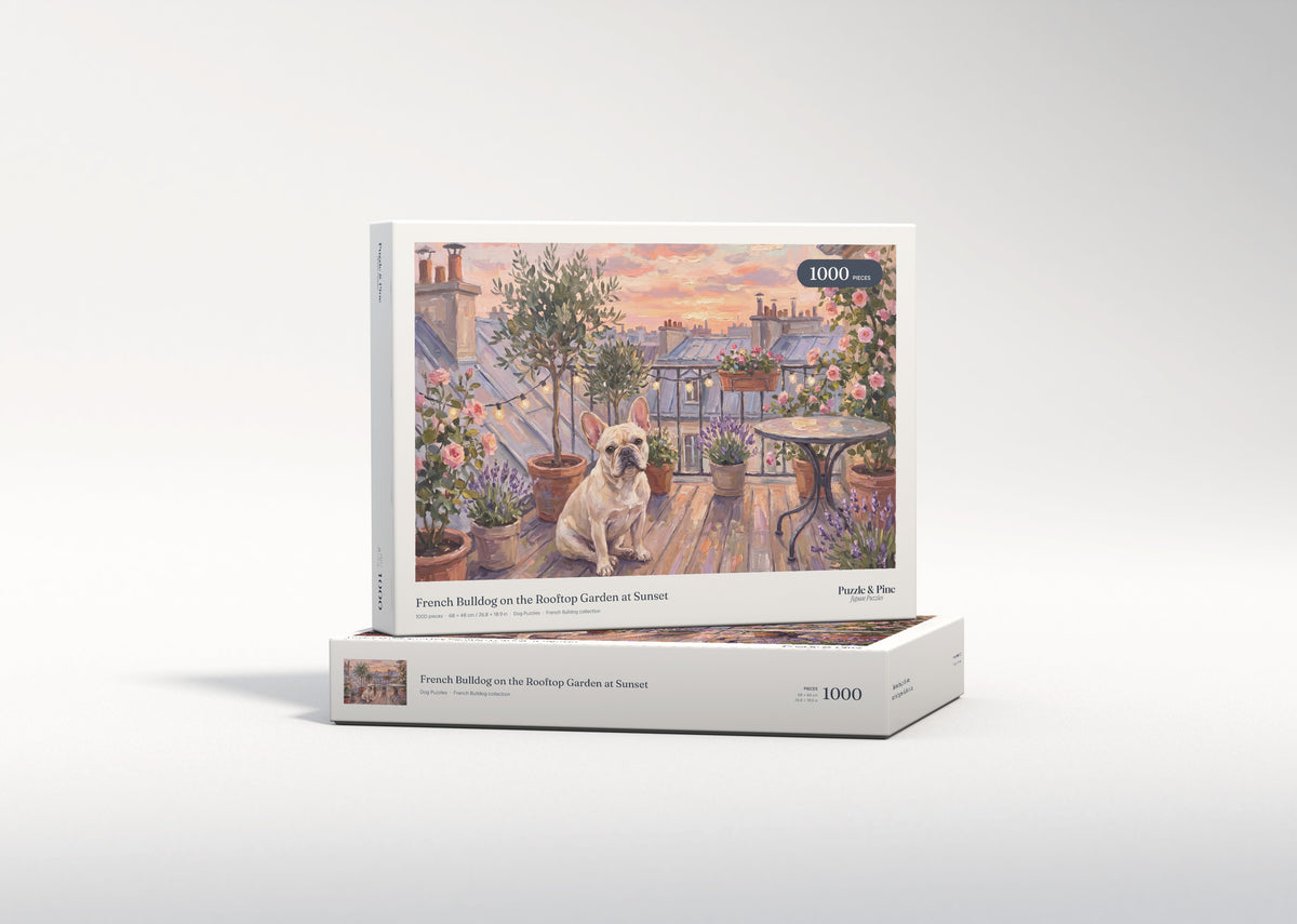 French Bulldog on the Rooftop Garden at Sunset jigsaw puzzle - gift box