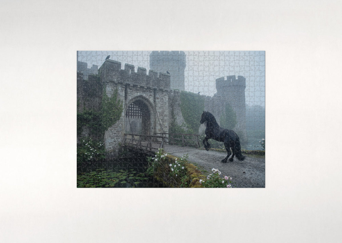 Friesian at the Castle Gate jigsaw puzzle - flat puzzle